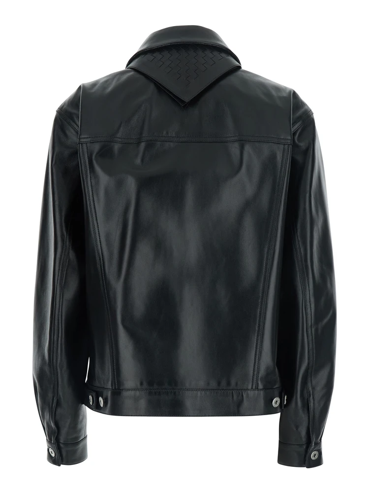 Black Jacket with classic collar and Intreccio motif on the back in leather for women alternative