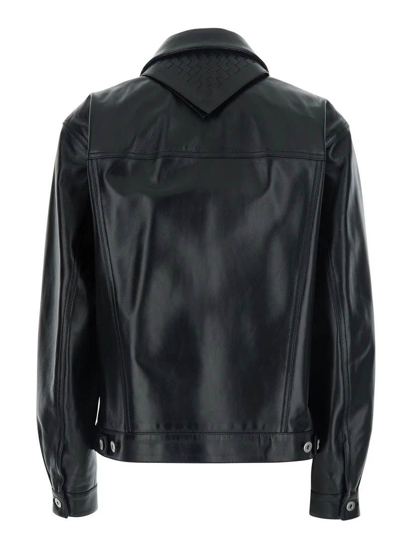 Black Jacket with classic collar and Intreccio motif on the back in leather for women
