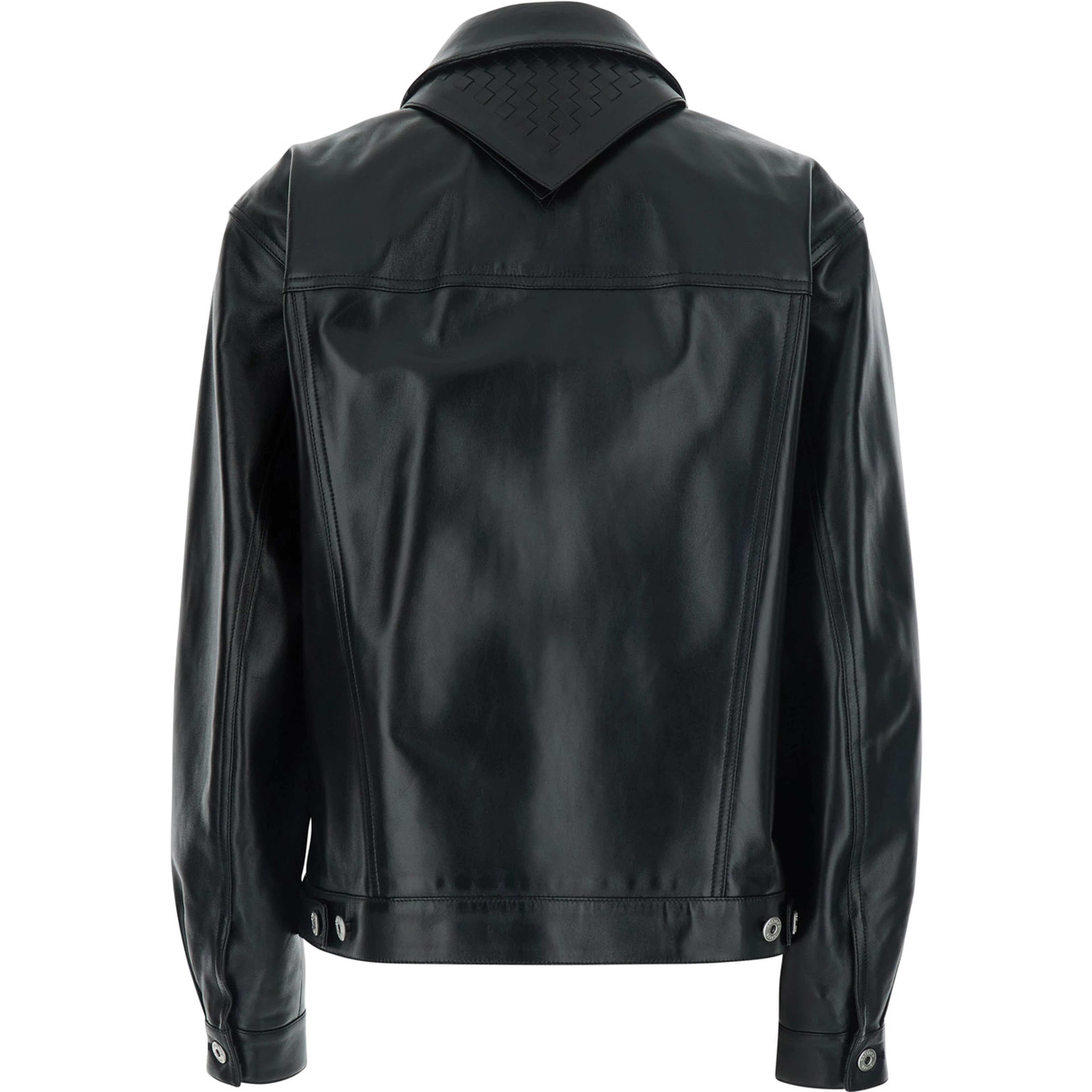 Black Jacket with classic collar and Intreccio motif on the back in leather for women