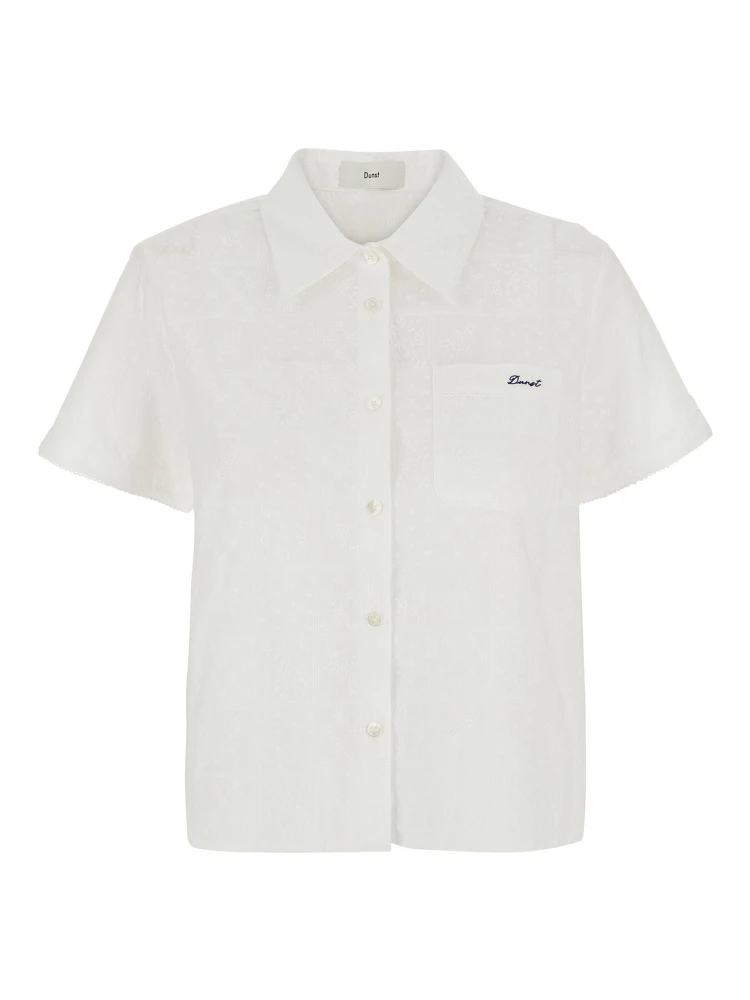 White Shirt with classic collar and logo embroidery on the front in cotton for women