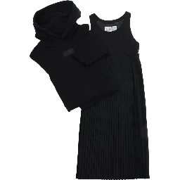 Black Sleeveless dress with matching crop hoodie in blend wool stretch girl