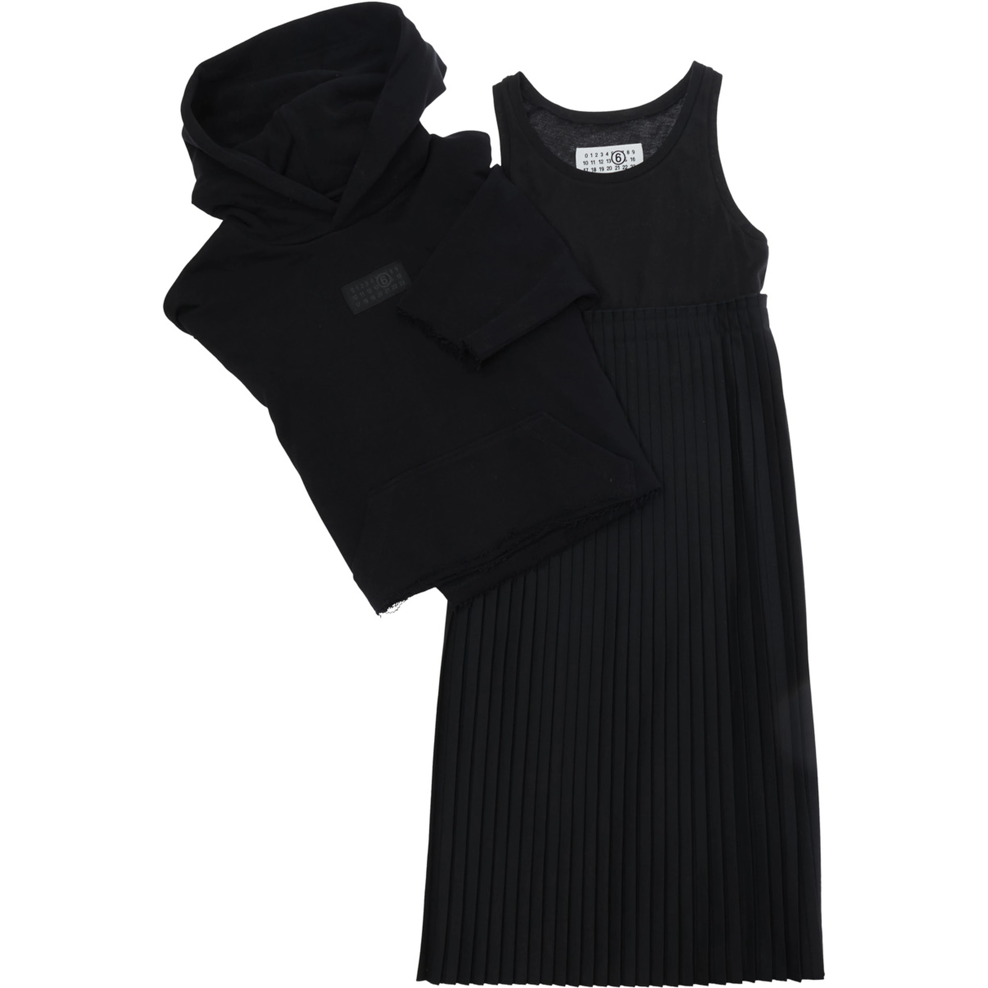 Black Sleeveless dress with matching crop hoodie in blend wool stretch girl