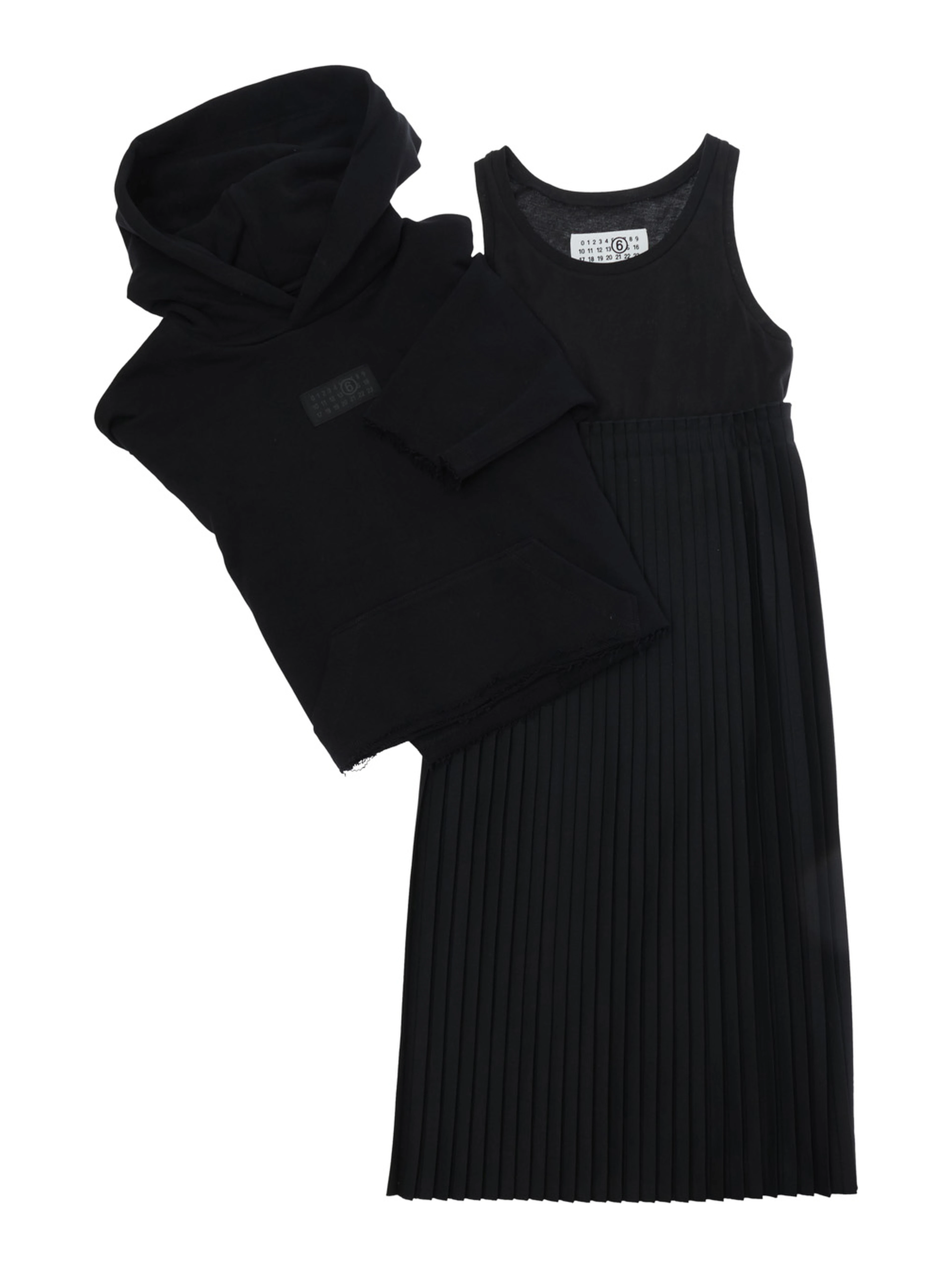 Black Sleeveless dress with matching crop hoodie in blend wool stretch girl