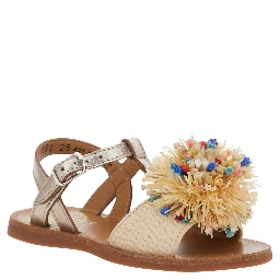 GOLD LAMINATED RAFFIA POMPOM SANDALS - Cream - Girl
