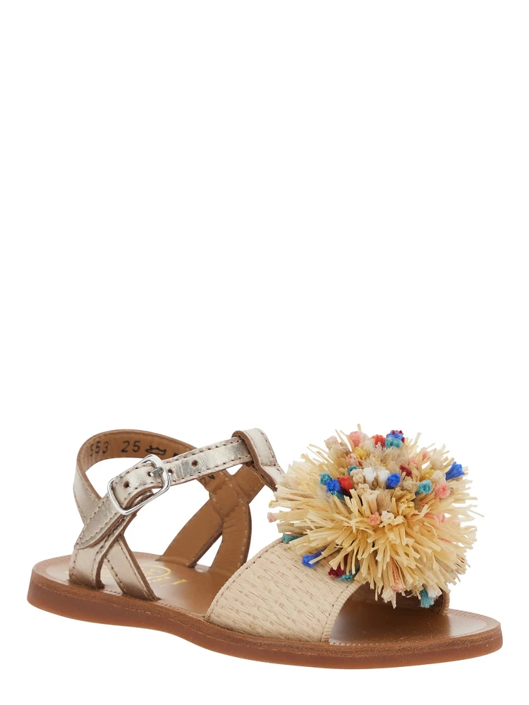 GOLD LAMINATED RAFFIA POMPOM SANDALS - Cream - Girl alternative