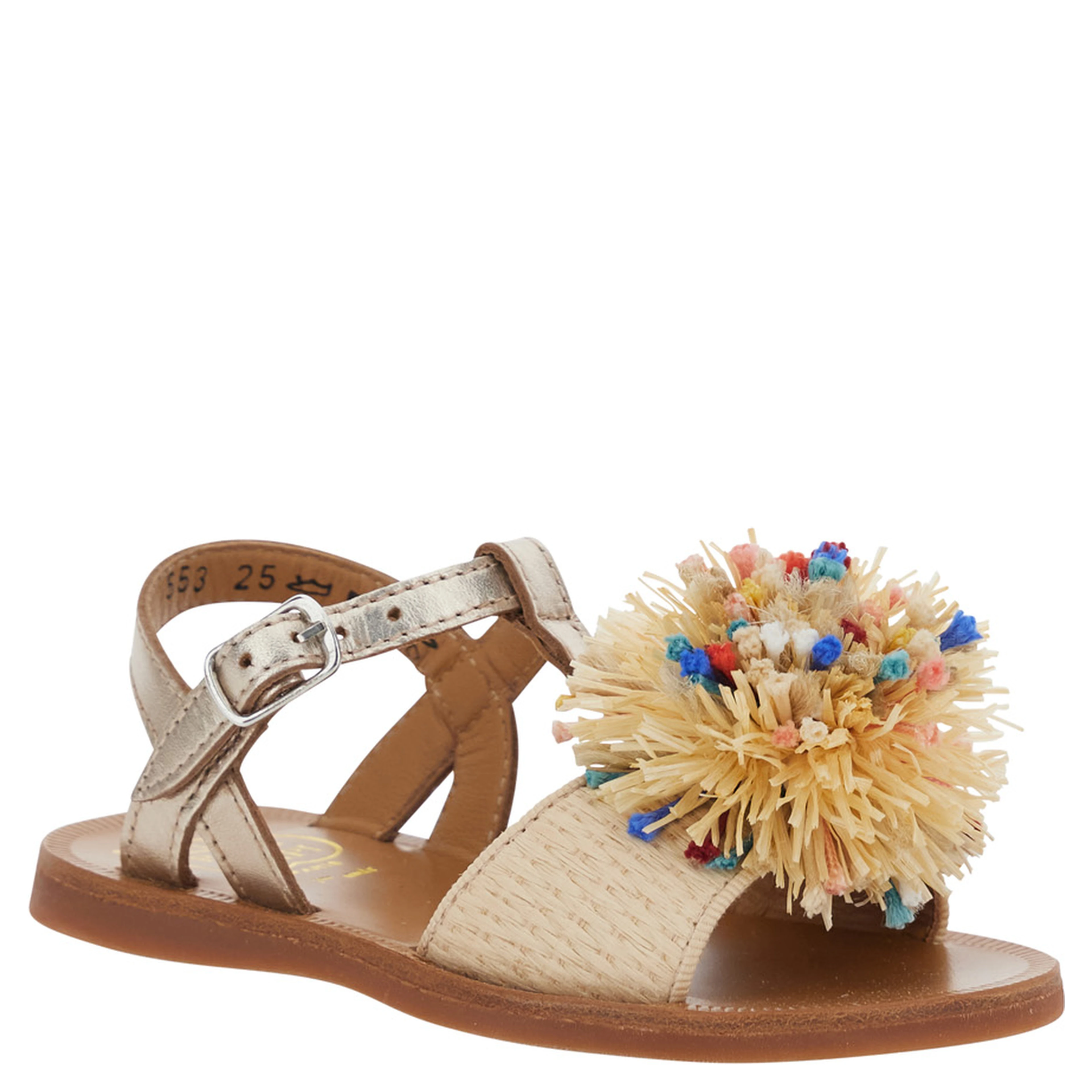 GOLD LAMINATED RAFFIA POMPOM SANDALS - Cream - Girl