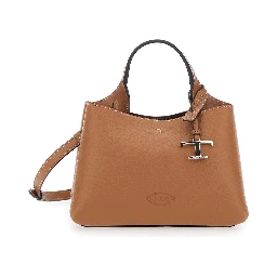 Brown Handbag with adjustable and removable shoulder strap and T plaque pendant on the front in grained leather for women