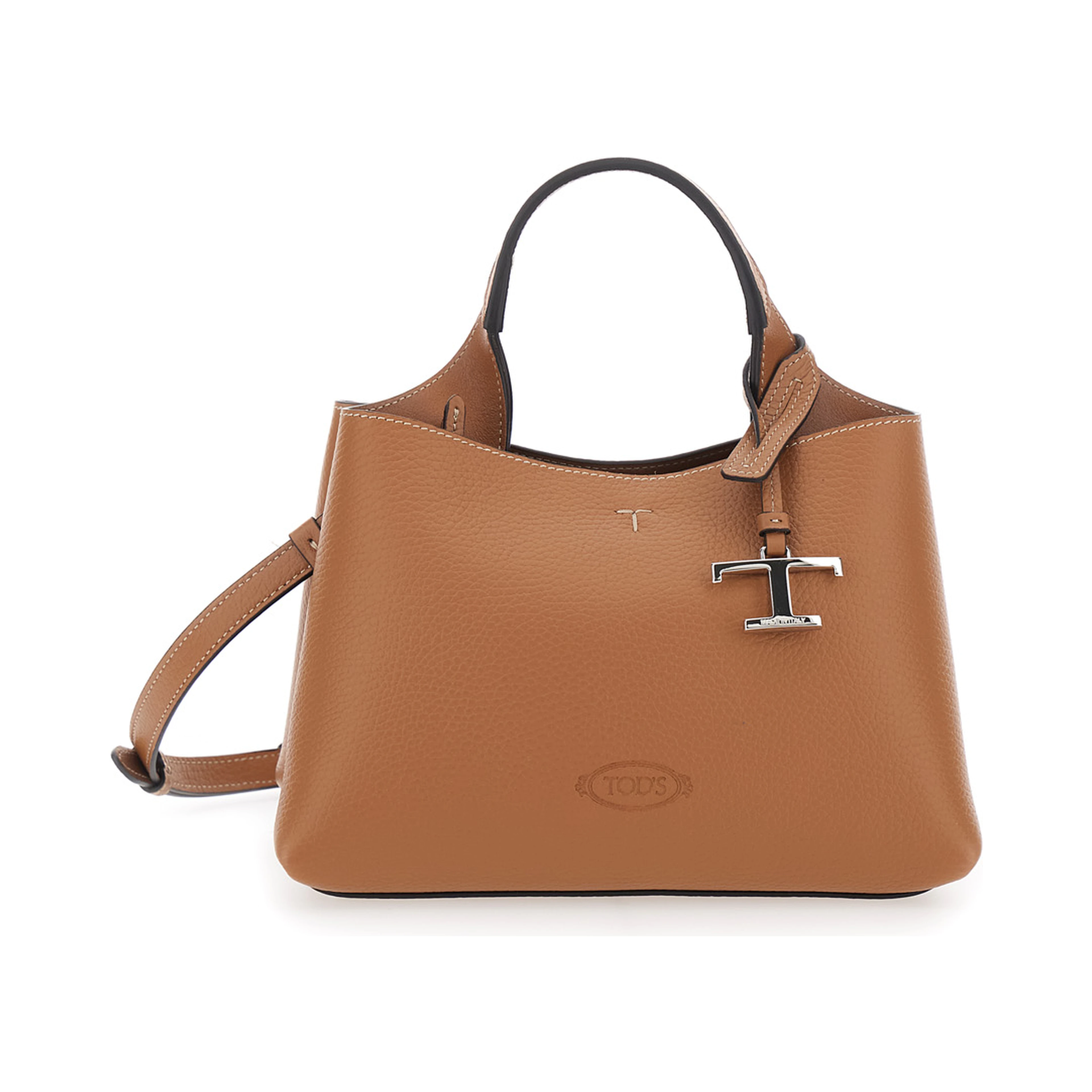 Brown Handbag with adjustable and removable shoulder strap and T plaque pendant on the front in grained leather for women