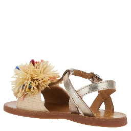 GOLD LAMINATED RAFFIA POMPOM SANDALS - Cream - Girl