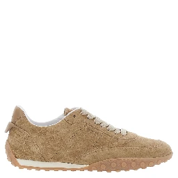Beige Low Top Sneakers with Logo Lettering on Tongue and Heel in Suede for Women