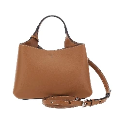 Brown Handbag with adjustable and removable shoulder strap and T plaque pendant on the front in grained leather for women
