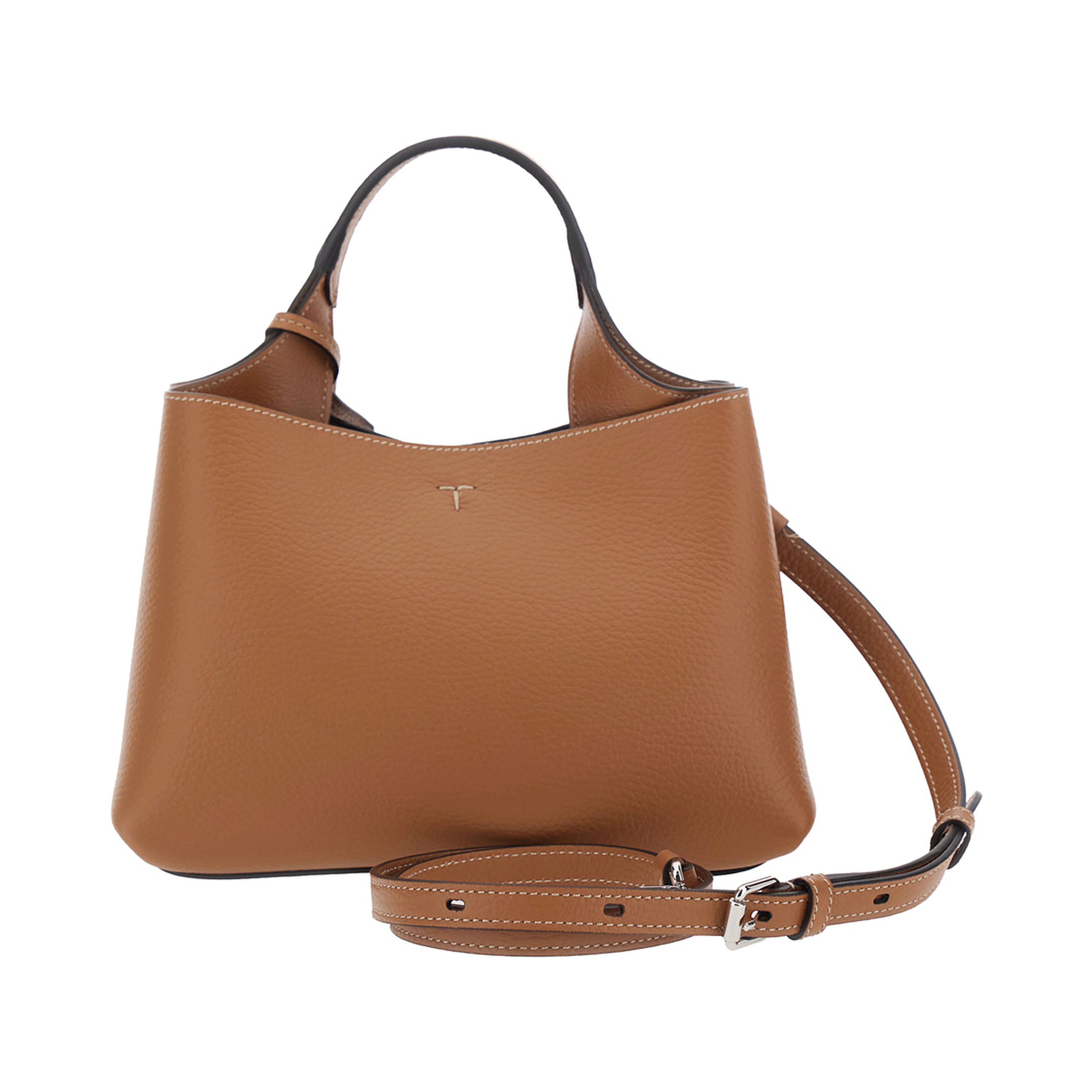 Brown Handbag with adjustable and removable shoulder strap and T plaque pendant on the front in grained leather for women