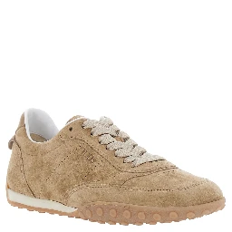 Beige Low Top Sneakers with Logo Lettering on Tongue and Heel in Suede for Women