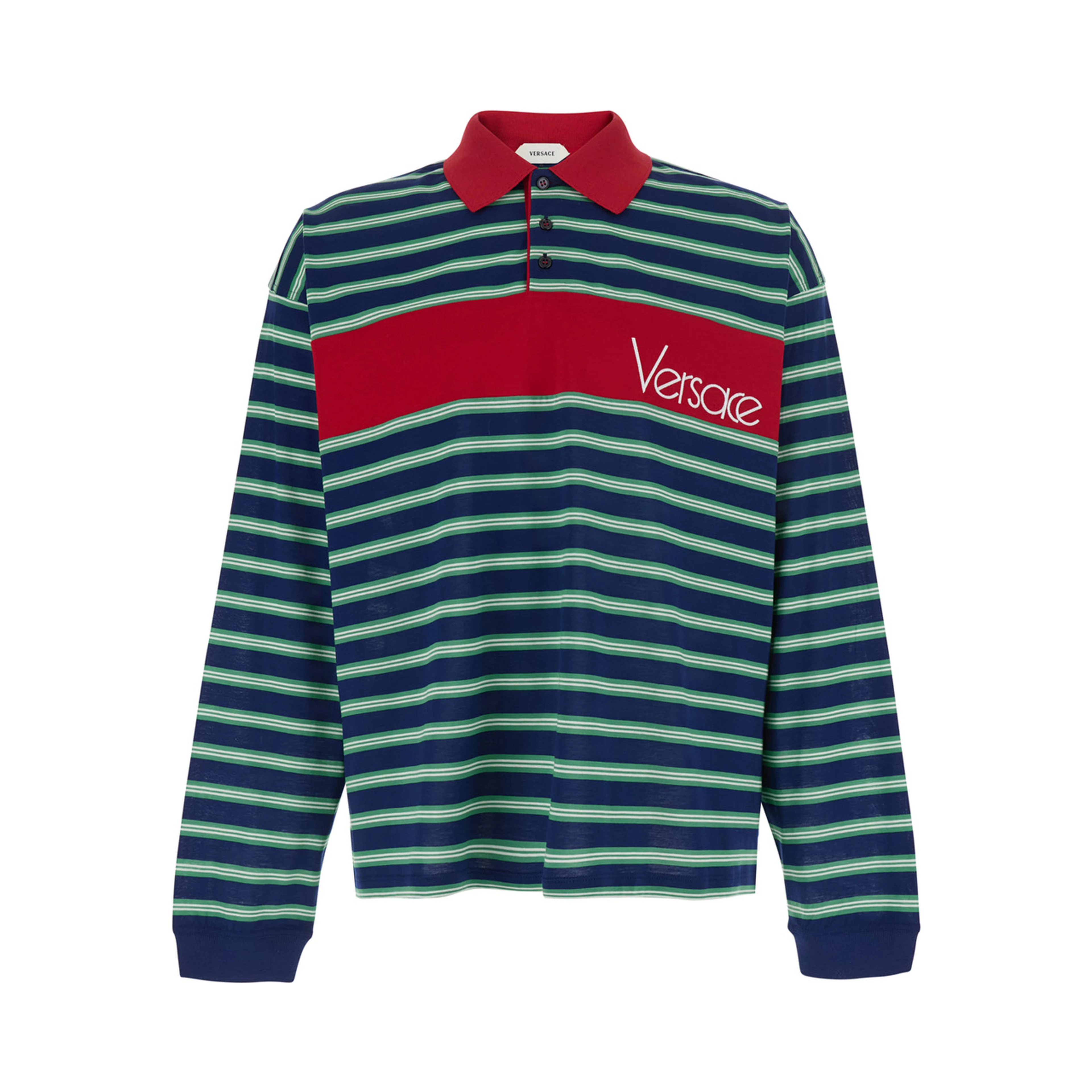 Blue and Red Polo with striped motif and logo lettering on the front in cotton for Men