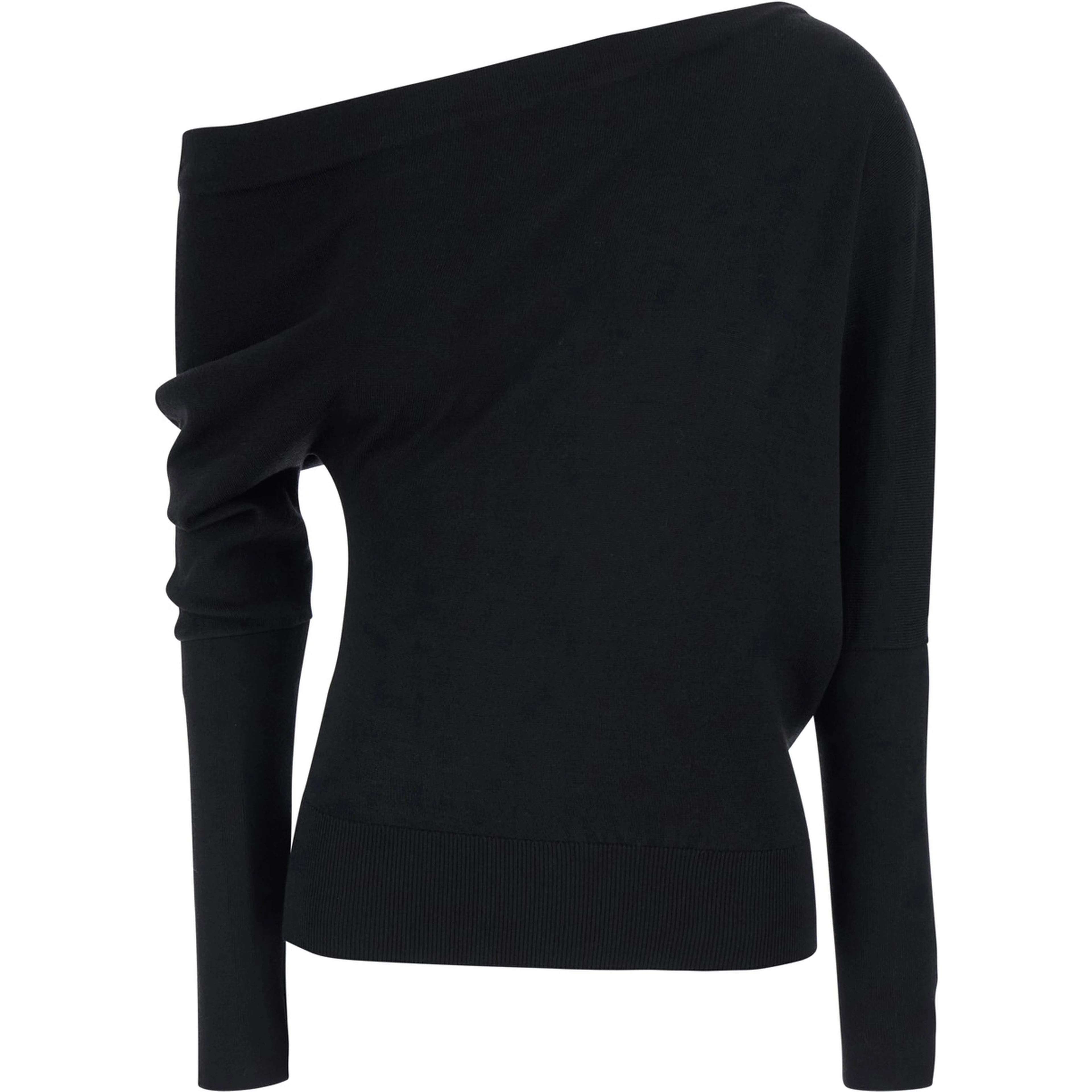 Black Sweater with off-shoulder design and long sleeves in black wool and silk for women