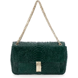 Green Crossbody bag with T closure in glossy snake effect leather for women