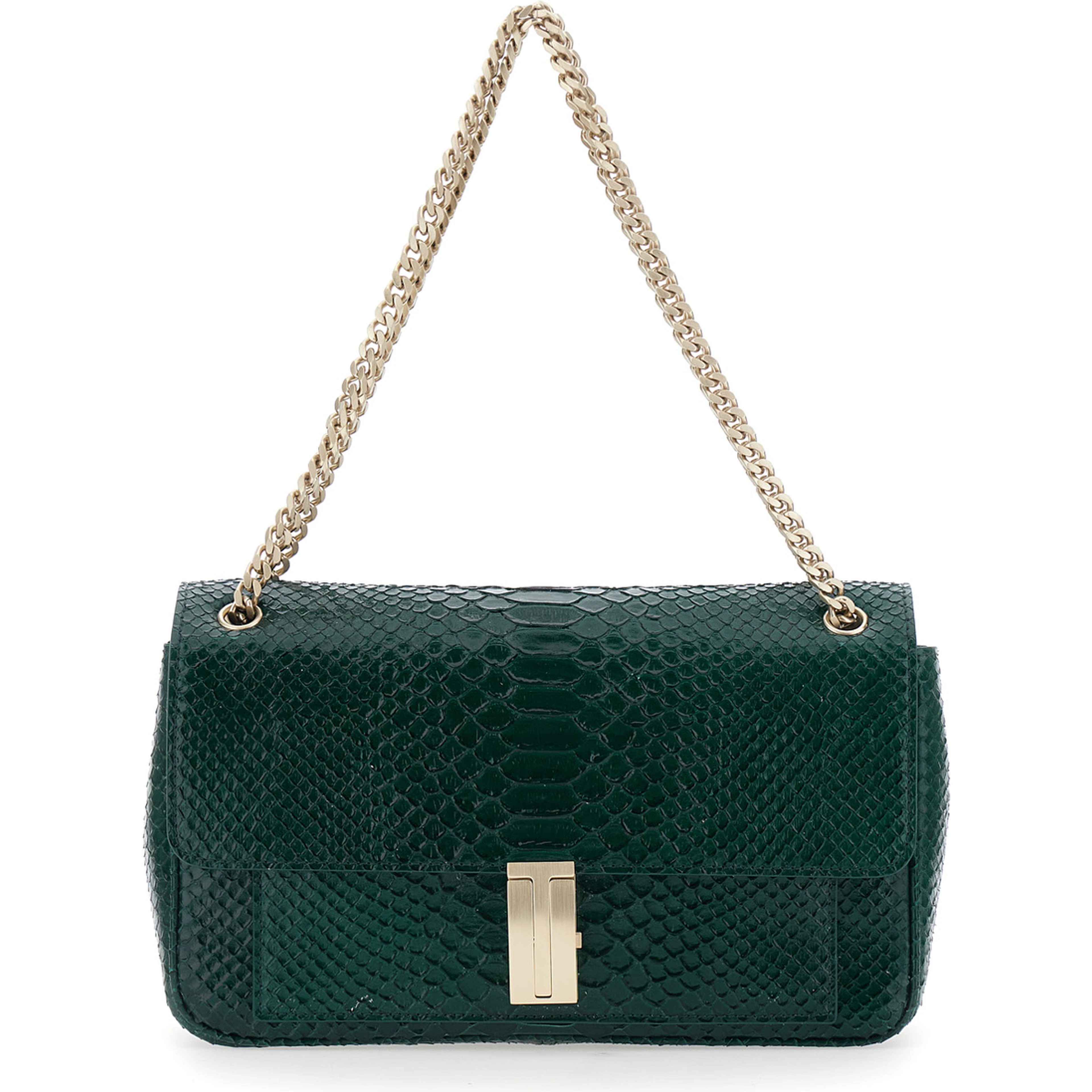 Green Crossbody bag with T closure in glossy snake effect leather for women