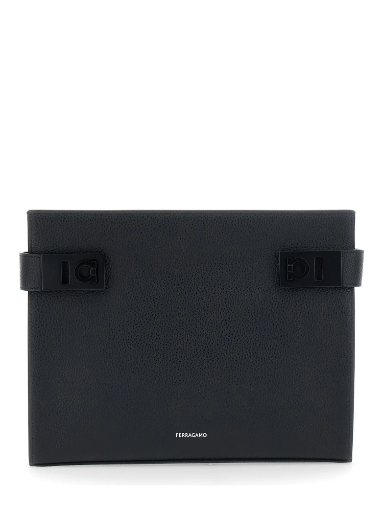 black Clutch with Hug side buckles and logo in leather for men
