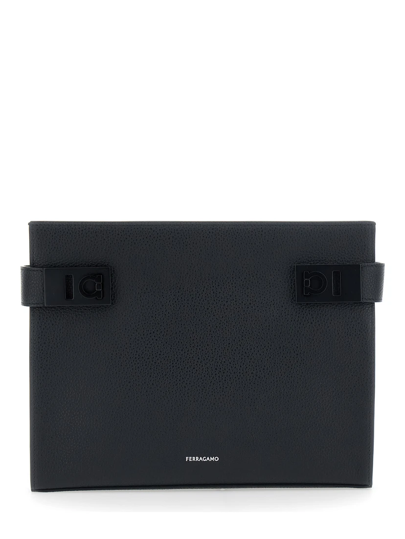 black Clutch with Hug side buckles and logo in leather for men
