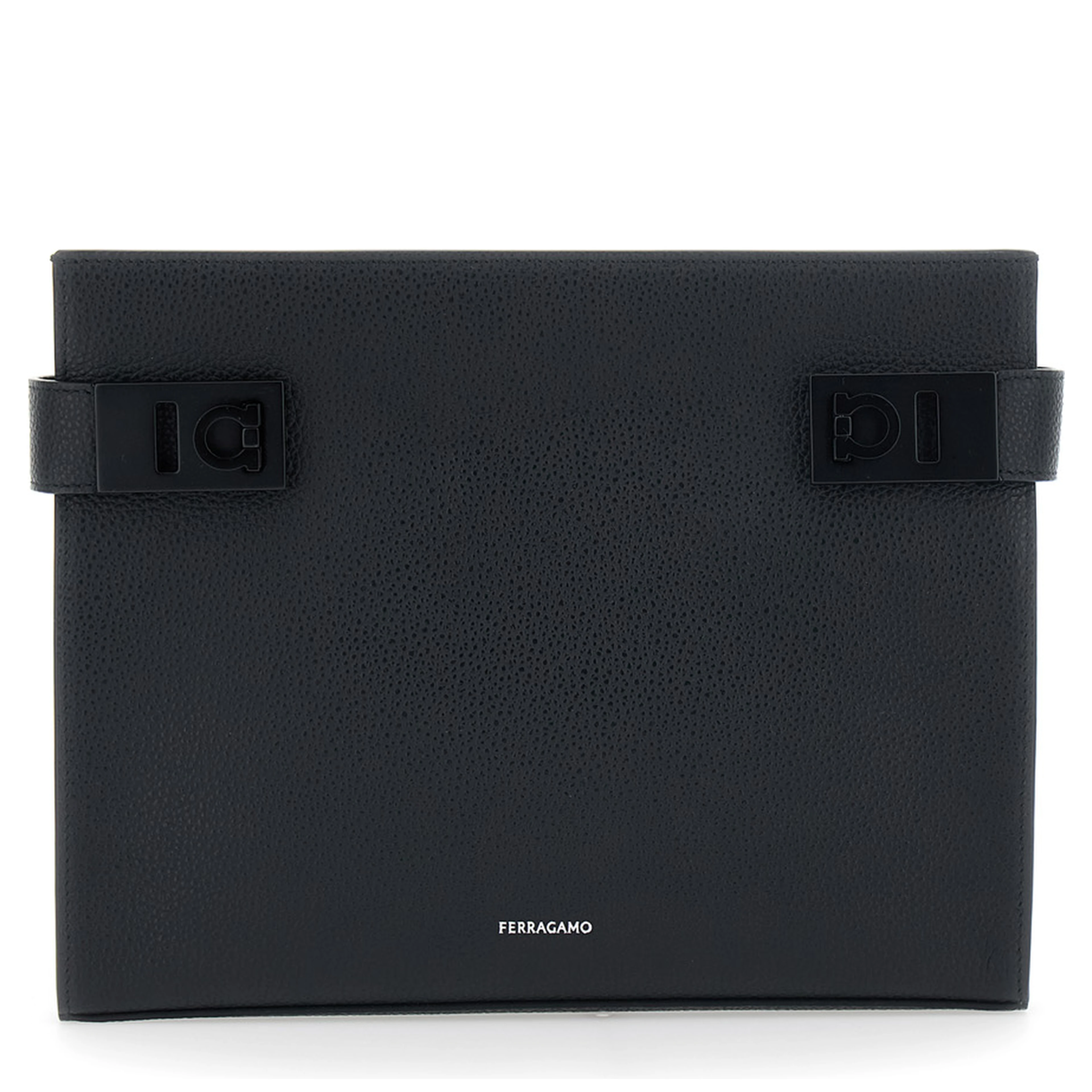 black Clutch with Hug side buckles and logo in leather for men