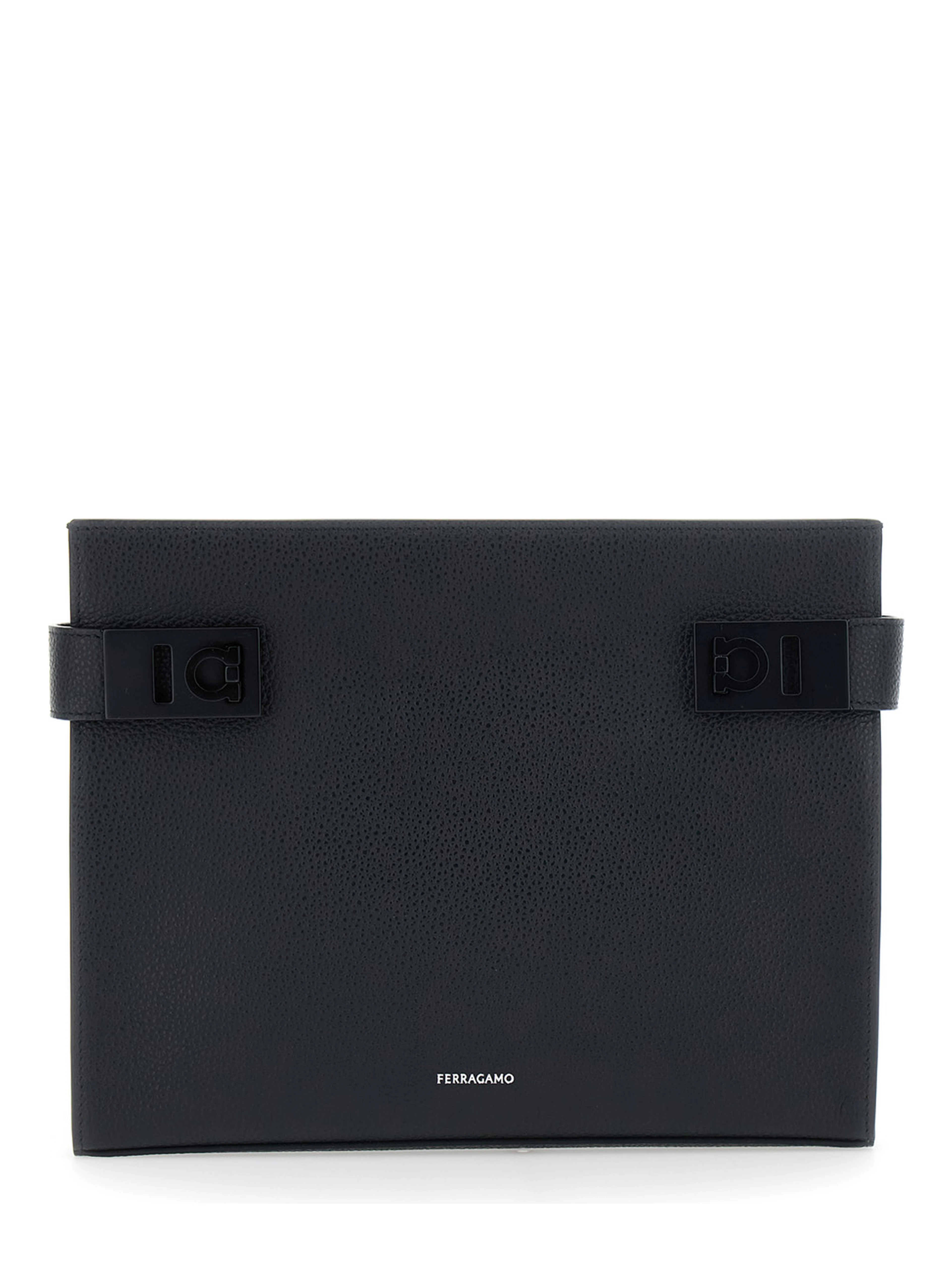 black Clutch with Hug side buckles and logo in leather for men