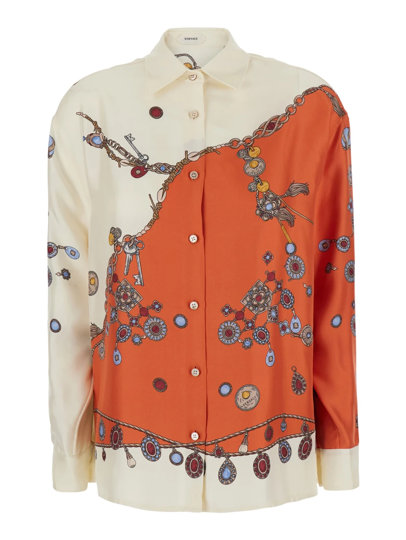 Multicolor Shirt with classic collar and all-over print in silk for women