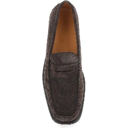 Brown Loafers with Pennyslot and Embossed Logo Monogram in Suede for Men