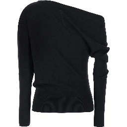 Black Sweater with off-shoulder design and long sleeves in black wool and silk for women