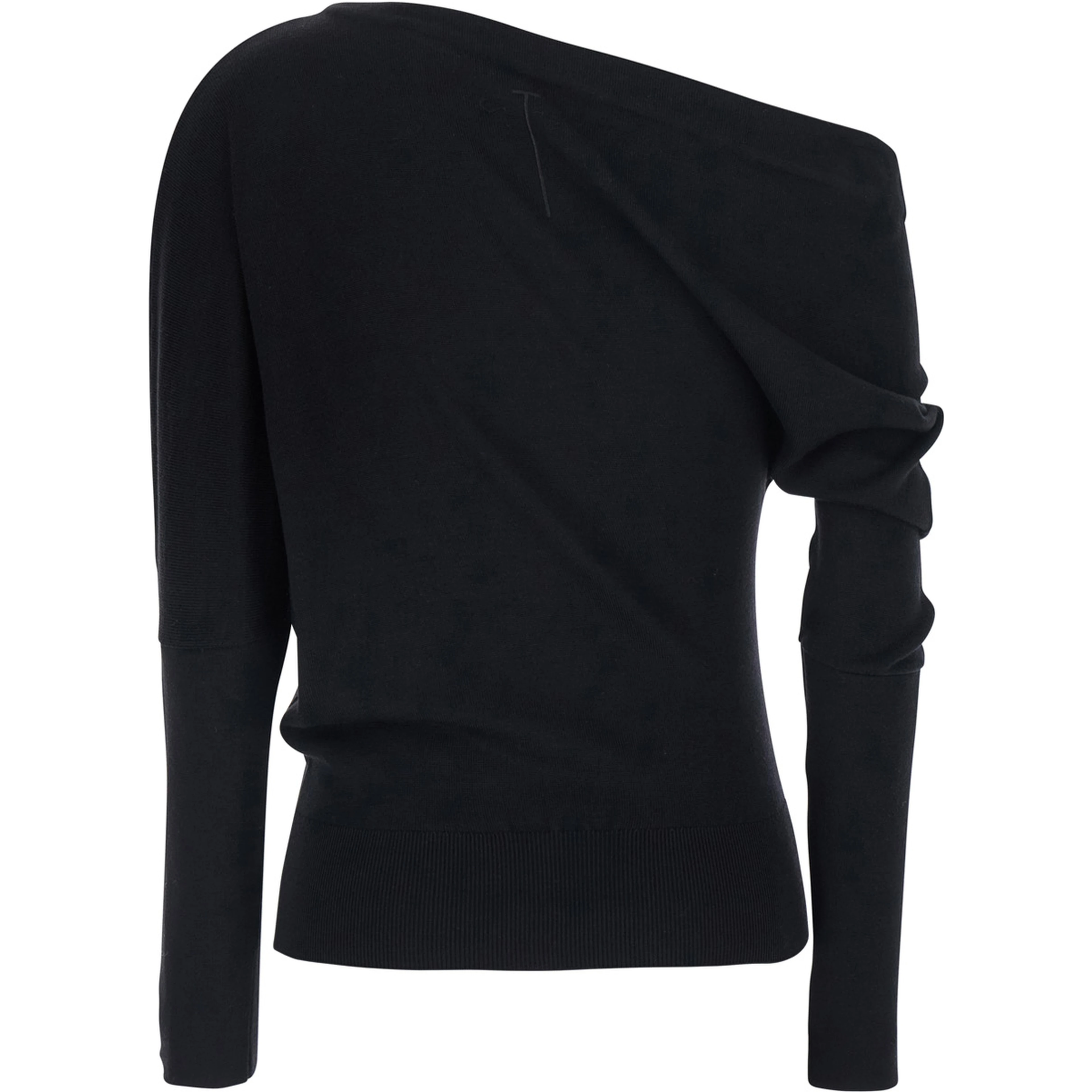 Black Sweater with off-shoulder design and long sleeves in black wool and silk for women