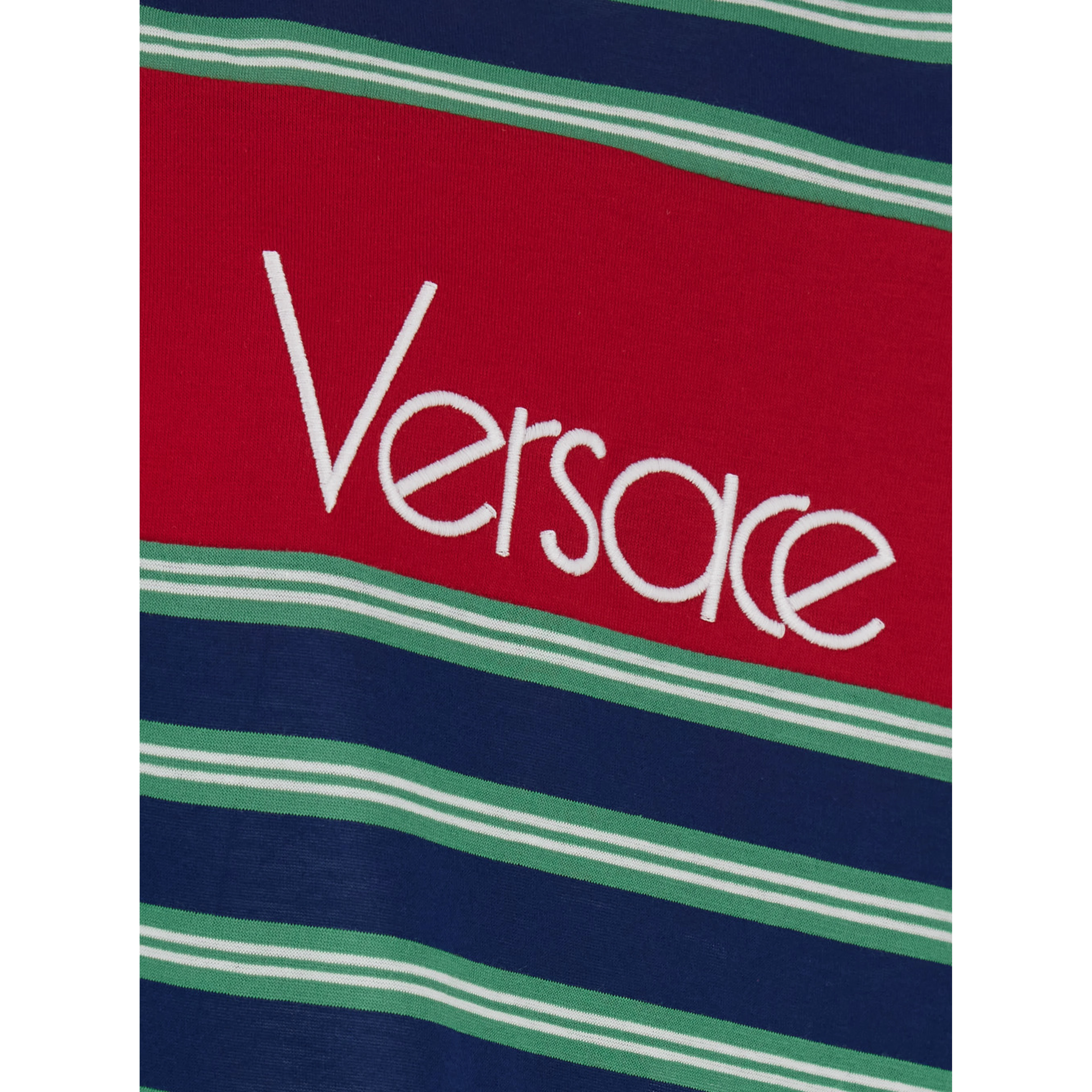 Blue and Red Polo with striped motif and logo lettering on the front in cotton for Men