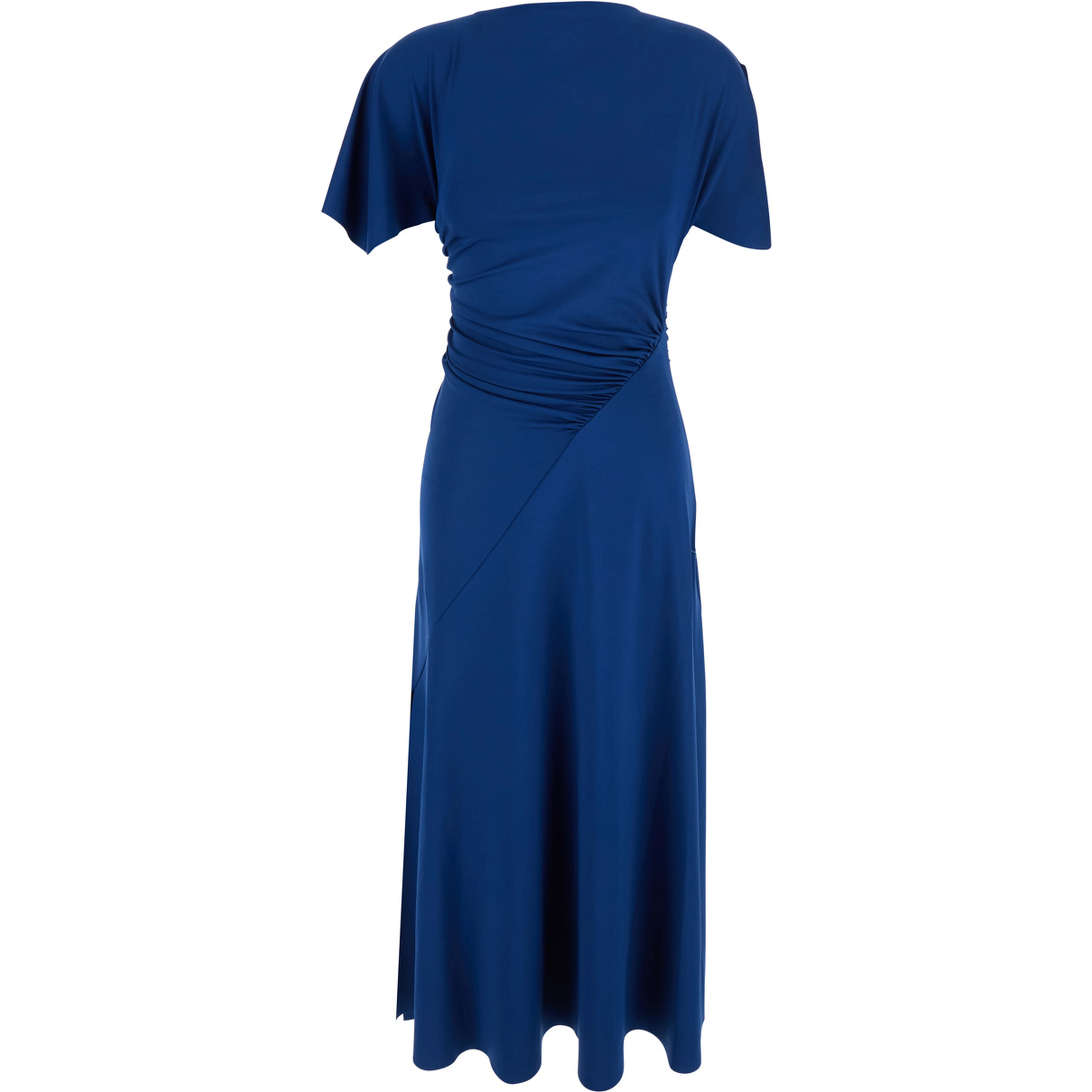 Blue Long Dress with Cap Sleeves and Elastic Waist in Stretch Tech Fabric for Women