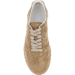 Beige Low Top Sneakers with Logo Lettering on Tongue and Heel in Suede for Women