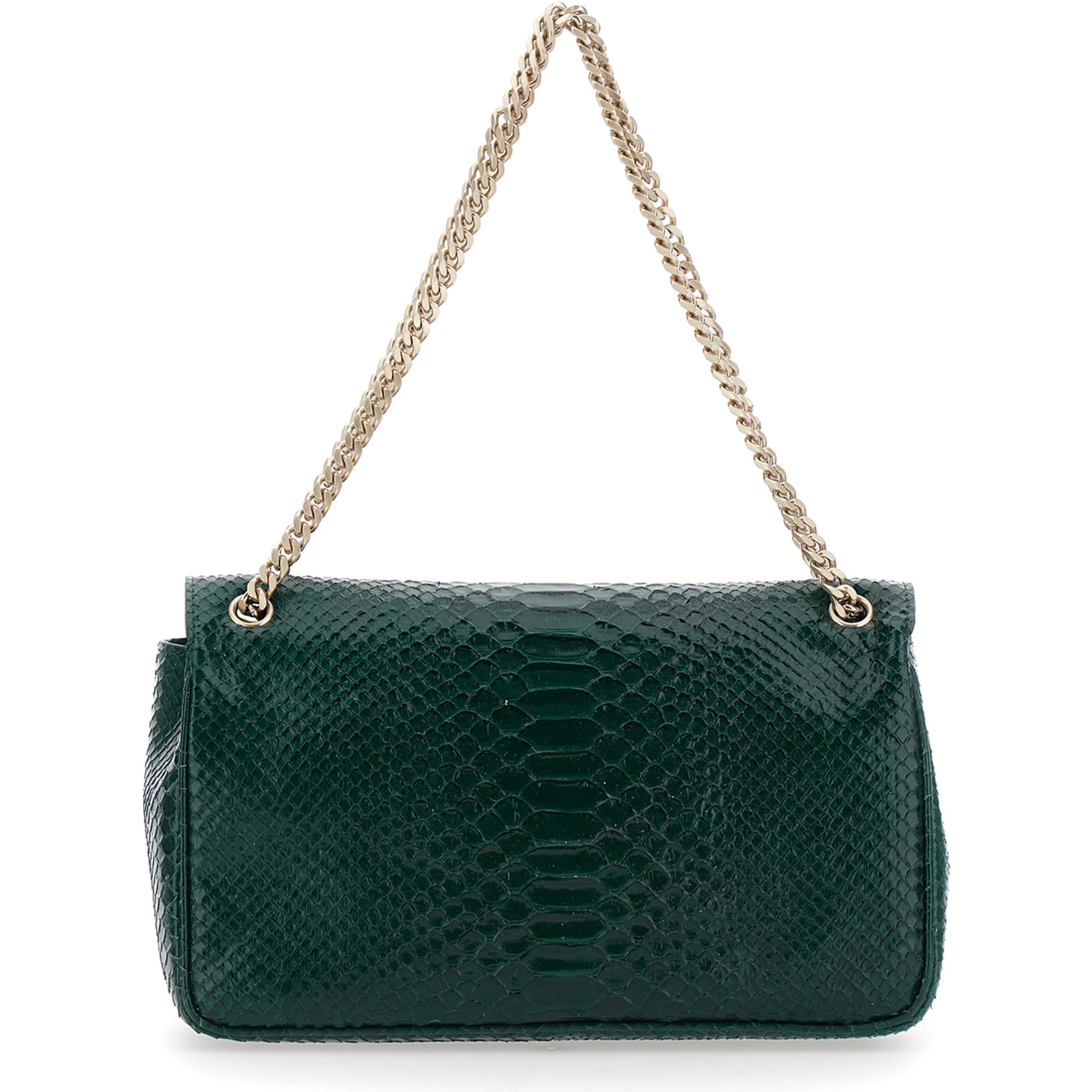 Green Crossbody bag with T closure in glossy snake effect leather for women