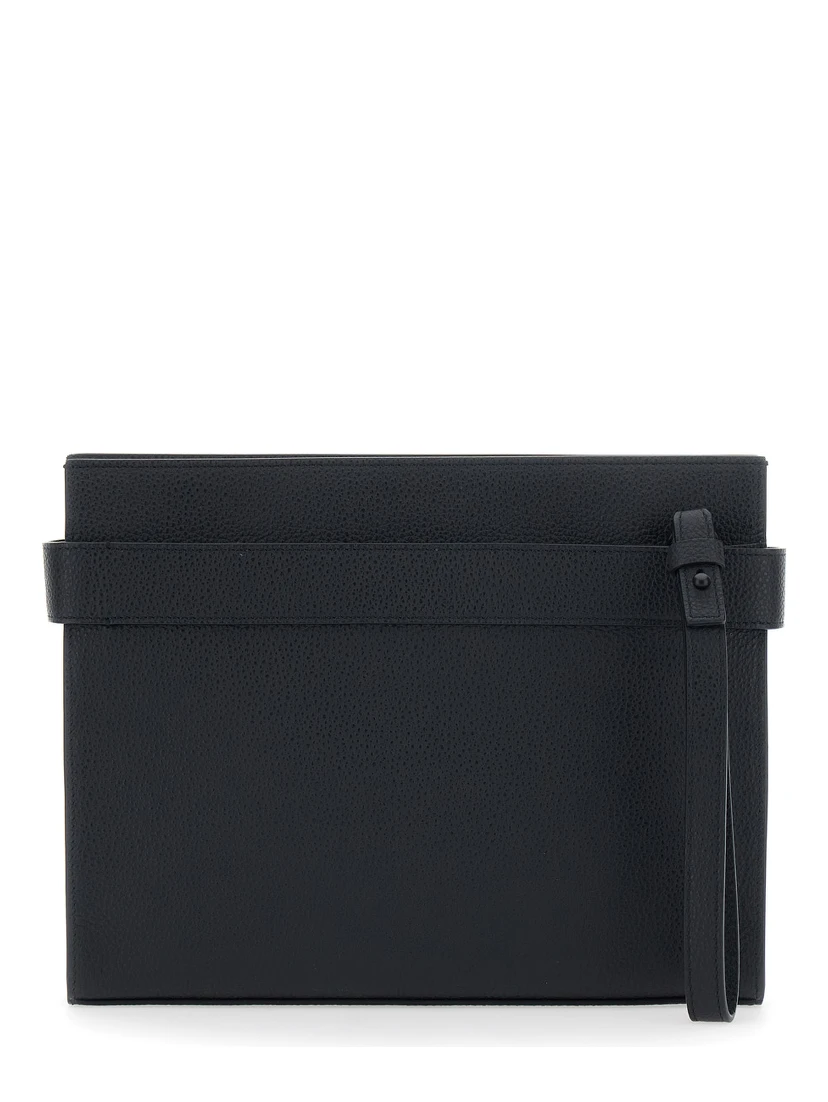 black Clutch with Hug side buckles and logo in leather for men