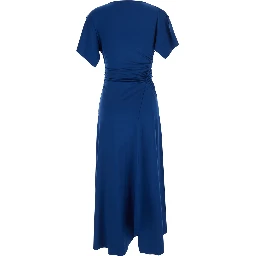 Blue Long Dress with Cap Sleeves and Elastic Waist in Stretch Tech Fabric for Women