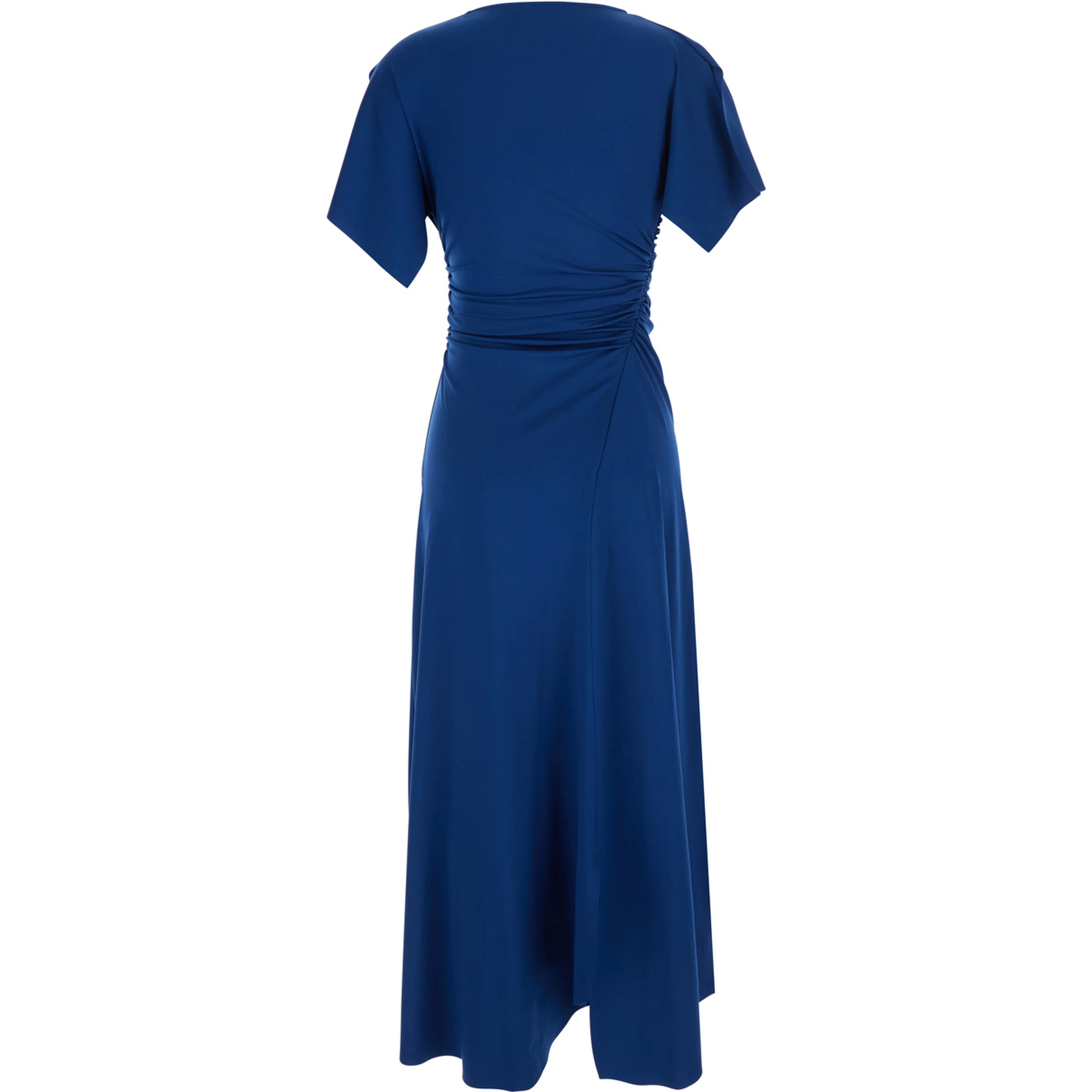 Blue Long Dress with Cap Sleeves and Elastic Waist in Stretch Tech Fabric for Women