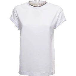 white T-shirt with round neck and Monile details in cotton for women