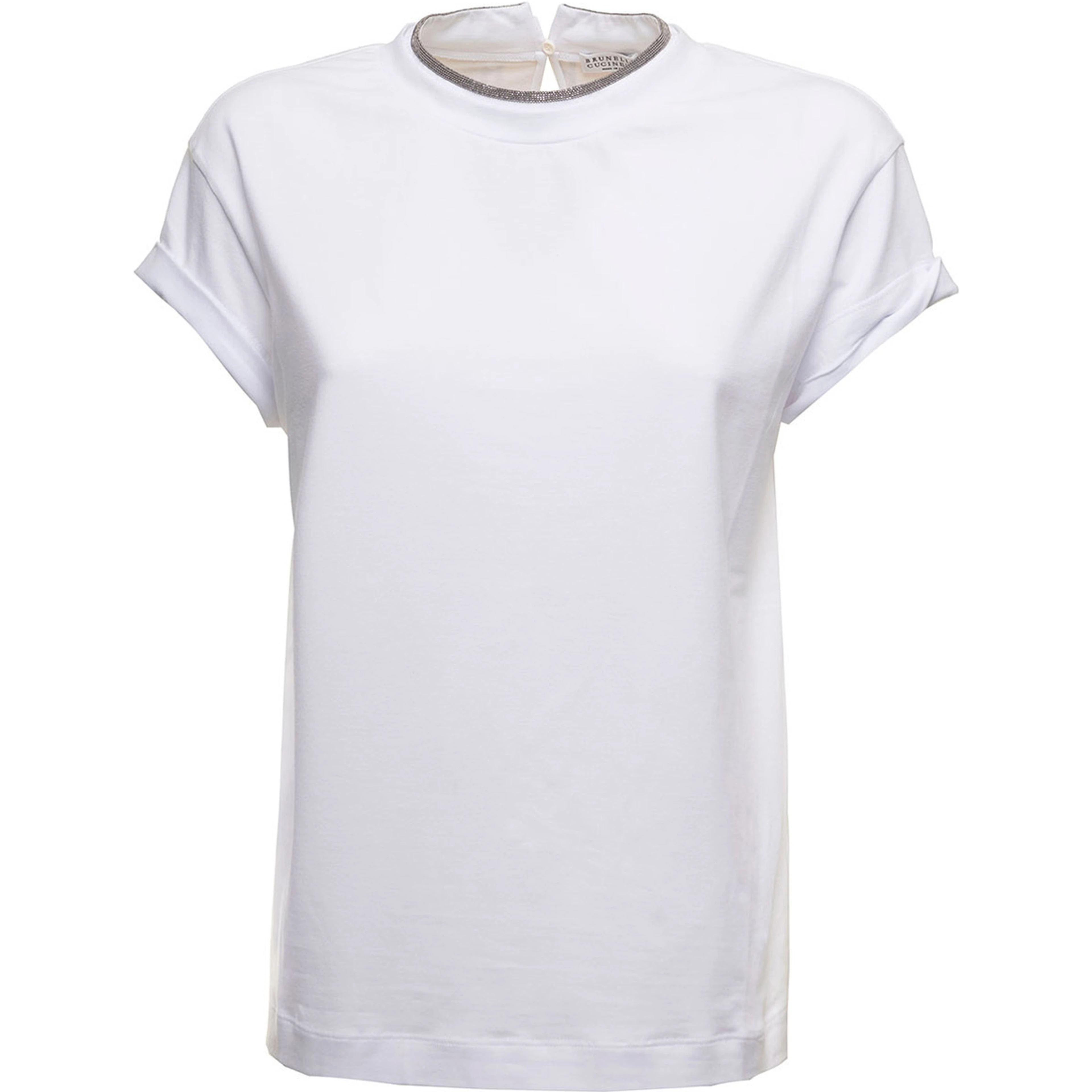white T-shirt with round neck and Monile details in cotton for women