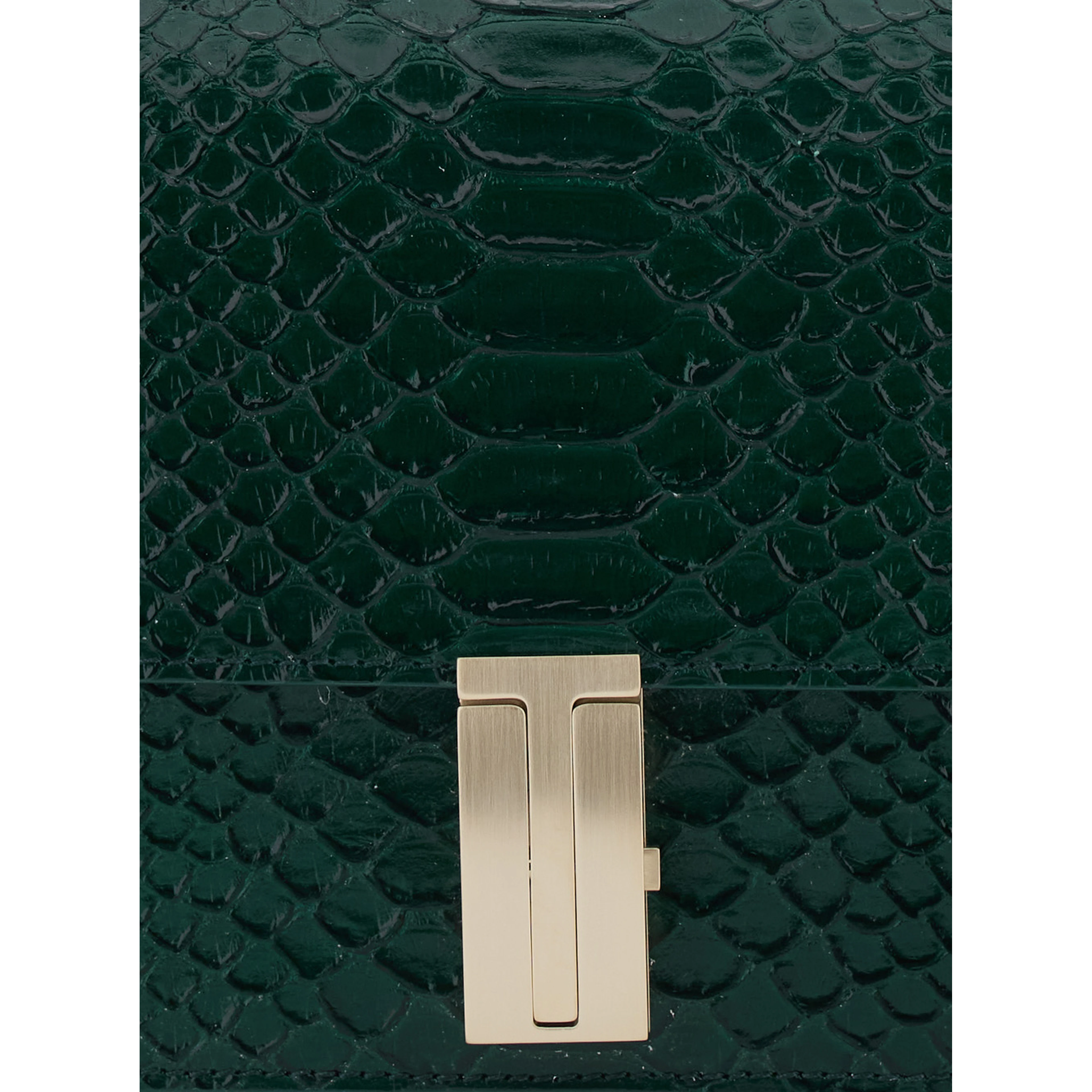 Green Crossbody bag with T closure in glossy snake effect leather for women