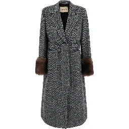 Grey Double-breasted Coat with Belt at the Front and Fur Cuffs in Wool Blend for Women