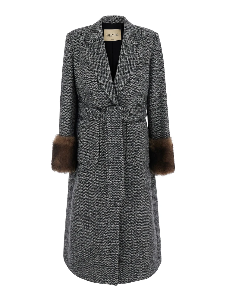 Grey Double-breasted Coat with Belt at the Front and Fur Cuffs in Wool Blend for Women