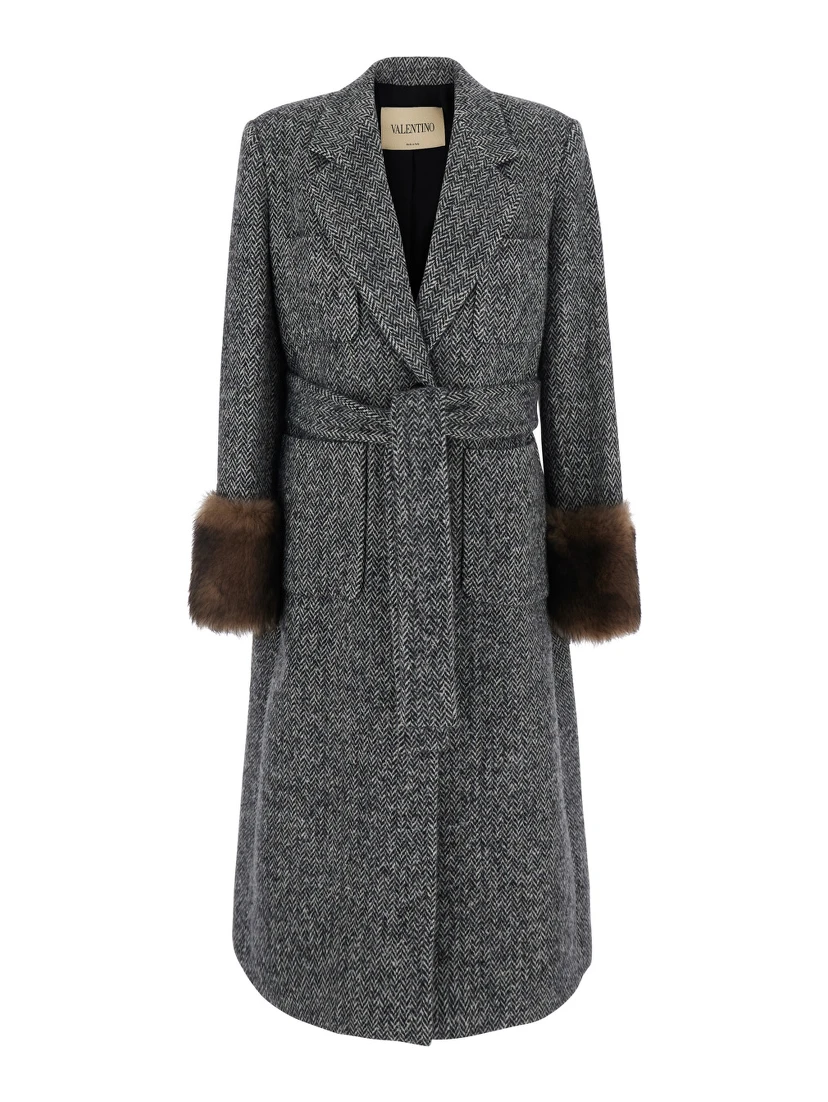 Grey Double-breasted Coat with Belt at the Front and Fur Cuffs in Wool Blend for Women