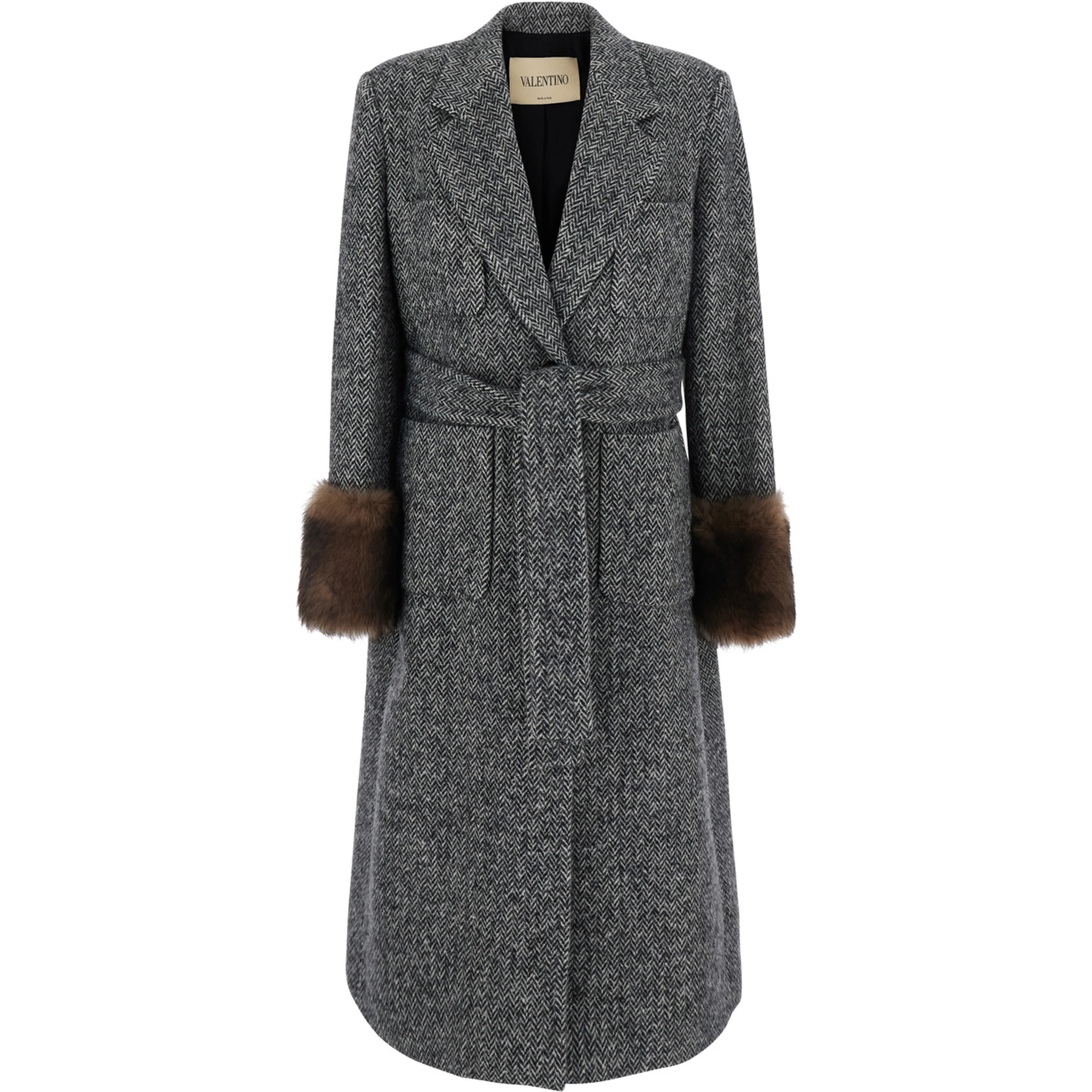 Grey Double-breasted Coat with Belt at the Front and Fur Cuffs in Wool Blend for Women