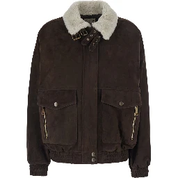 Gloria Brown Bomber Jacket with High Fur Collar with Straps in Suede for Women