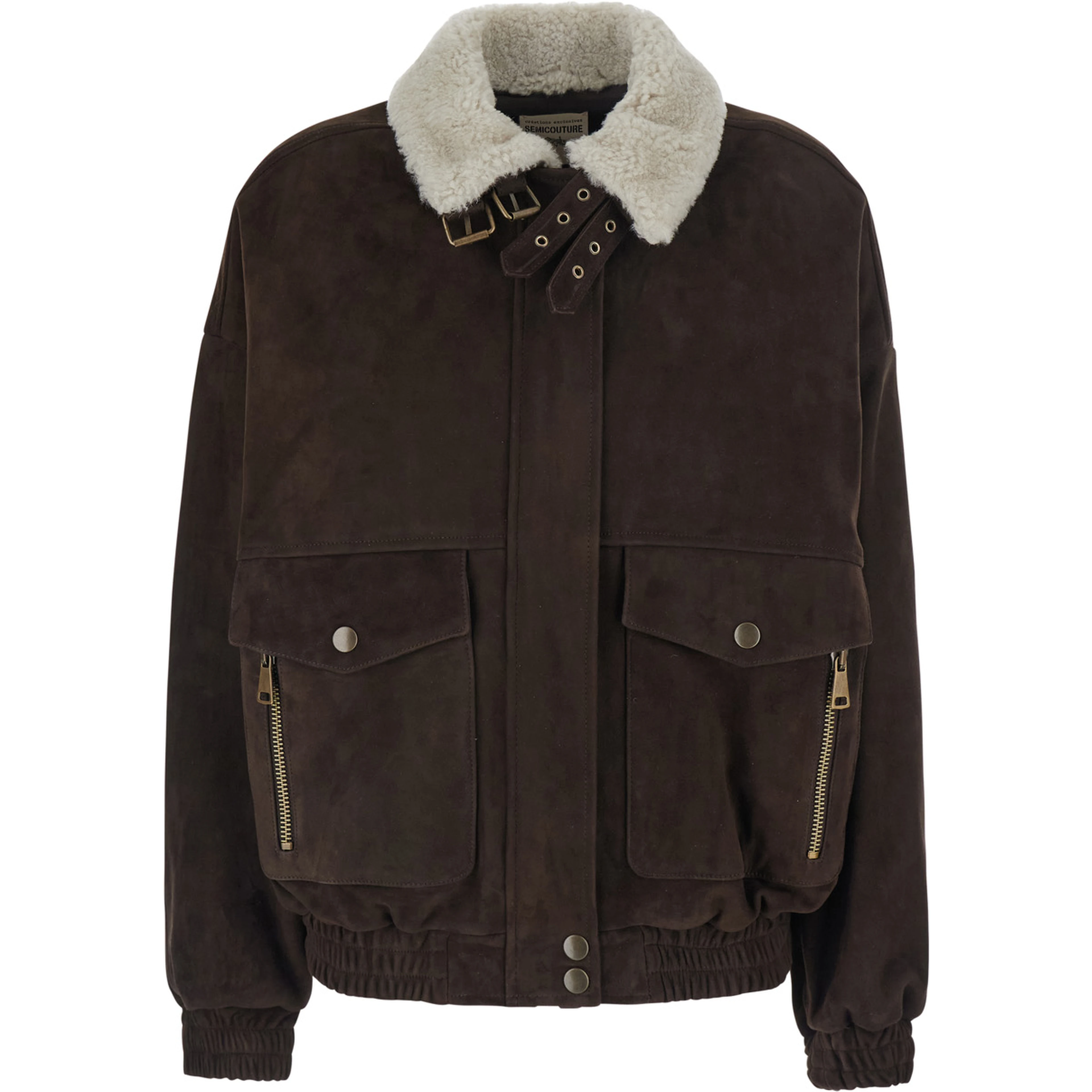 Gloria Brown Bomber Jacket with High Fur Collar with Straps in Suede for Women