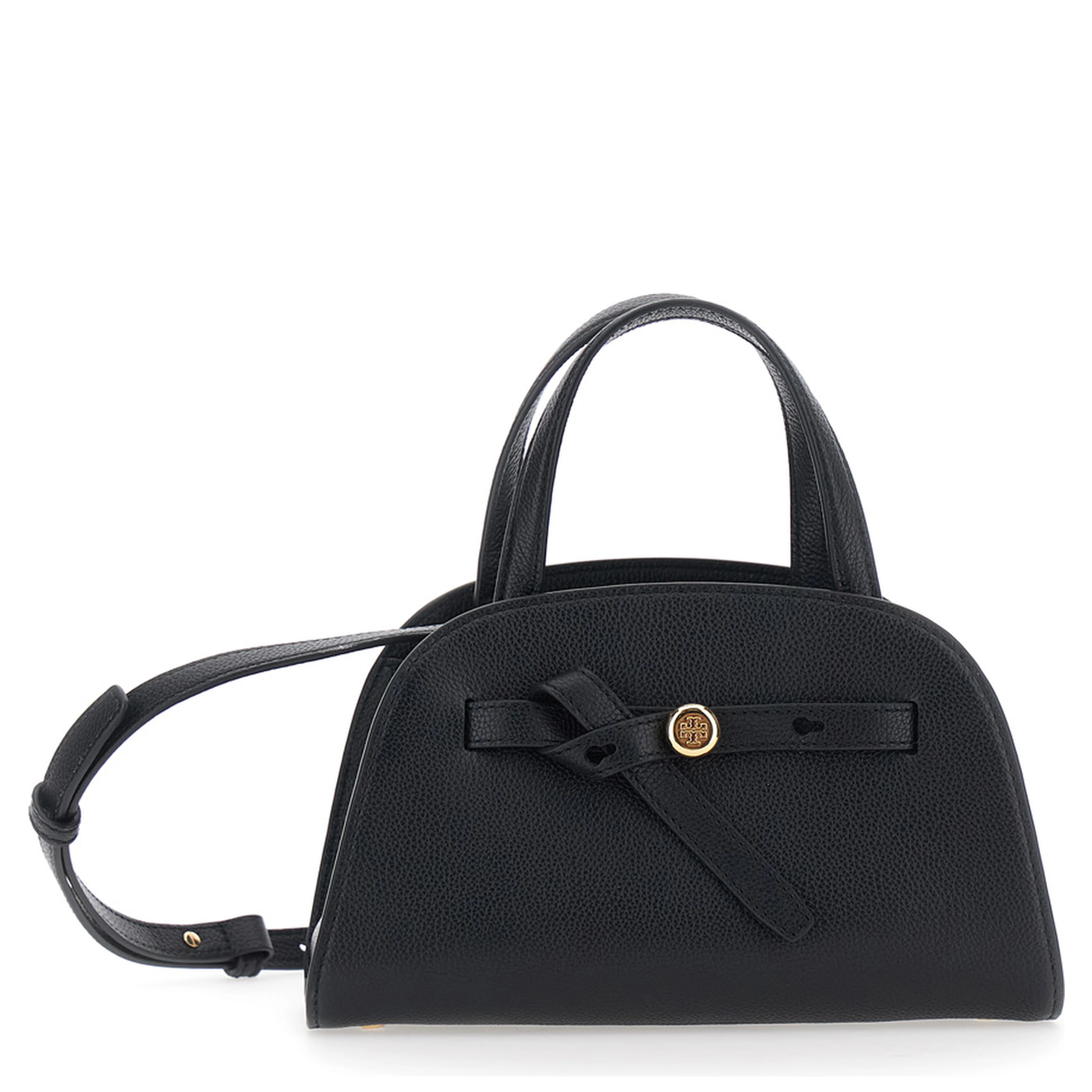 Romy Black Mini bag with adjustable and removable shoulder strap and logo plaque on the front in leather for women