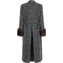 Grey Double-breasted Coat with Belt at the Front and Fur Cuffs in Wool Blend for Women