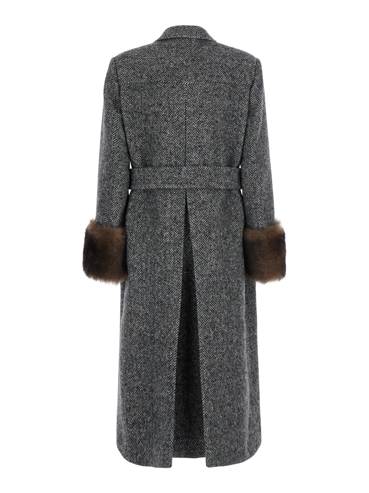 Grey Double-breasted Coat with Belt at the Front and Fur Cuffs in Wool Blend for Women alternative