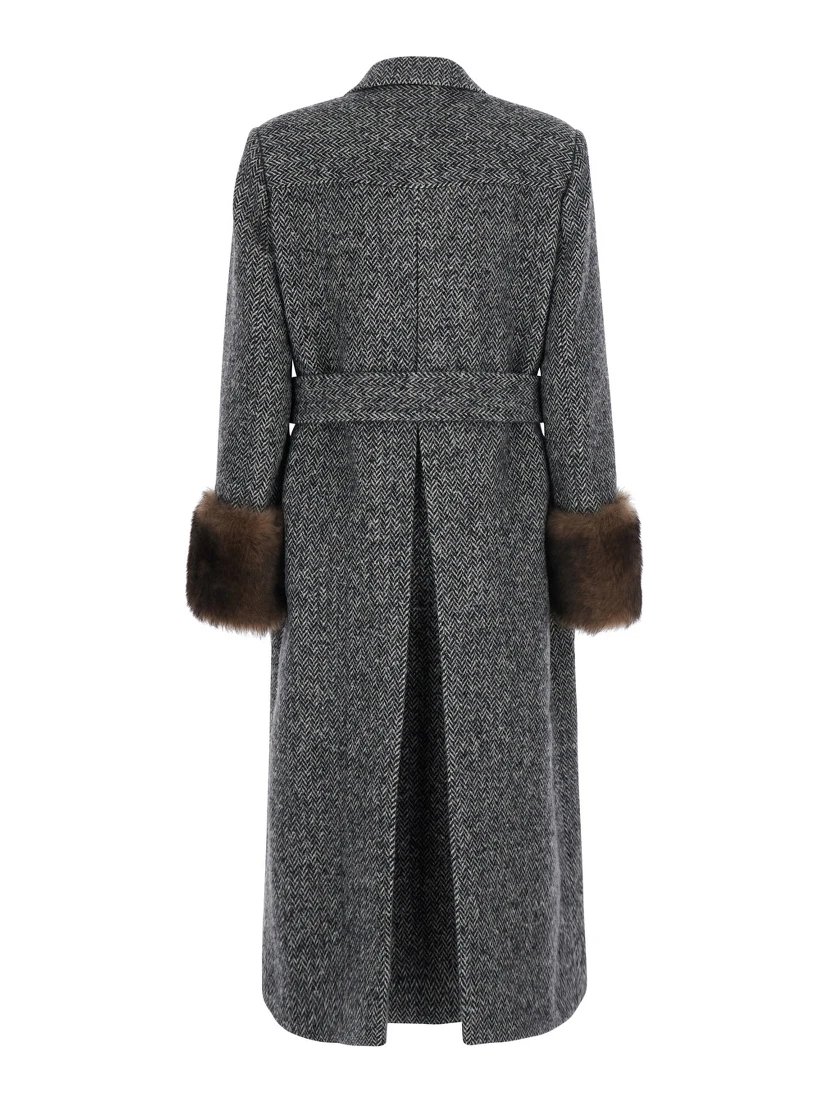 Grey Double-breasted Coat with Belt at the Front and Fur Cuffs in Wool Blend for Women