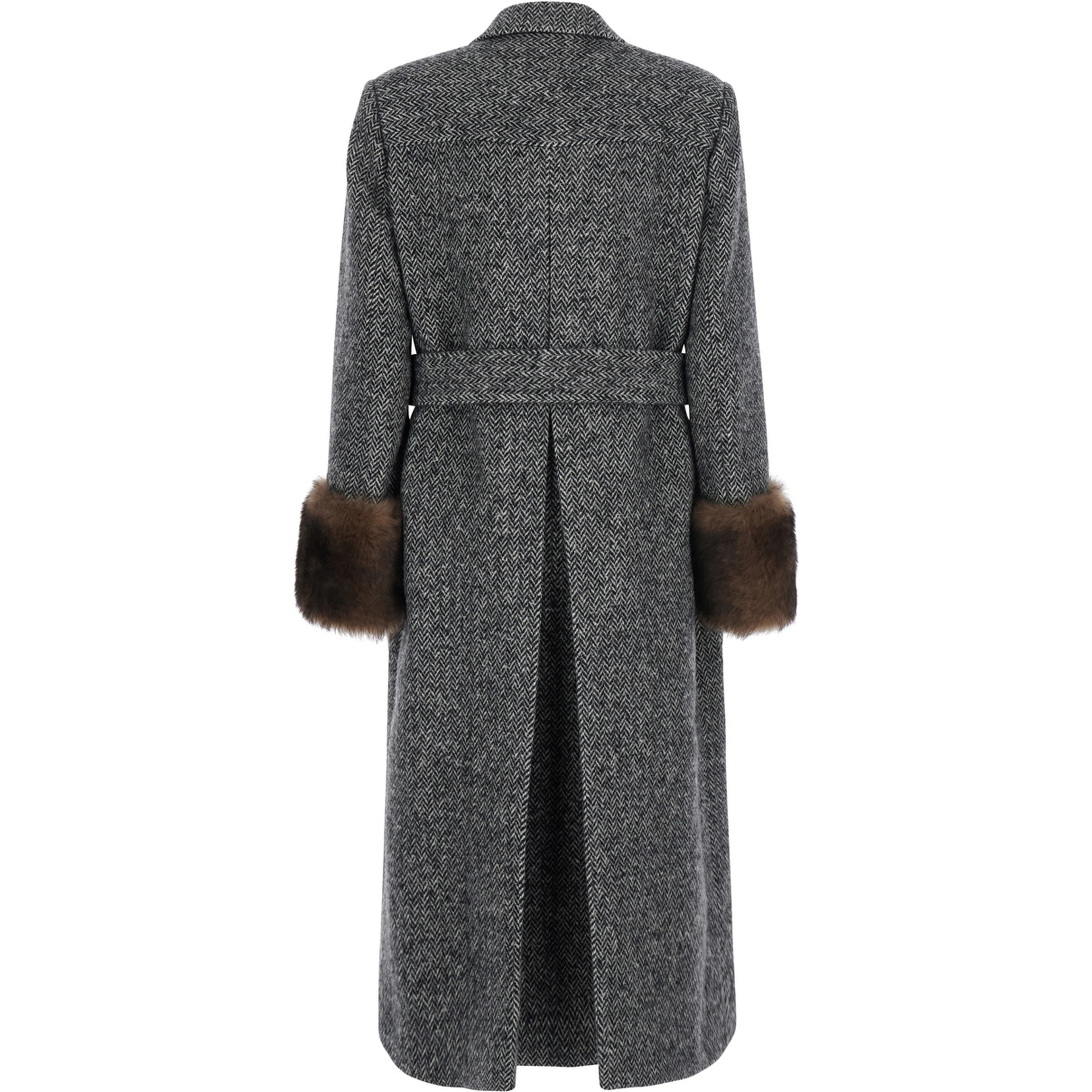 Grey Double-breasted Coat with Belt at the Front and Fur Cuffs in Wool Blend for Women